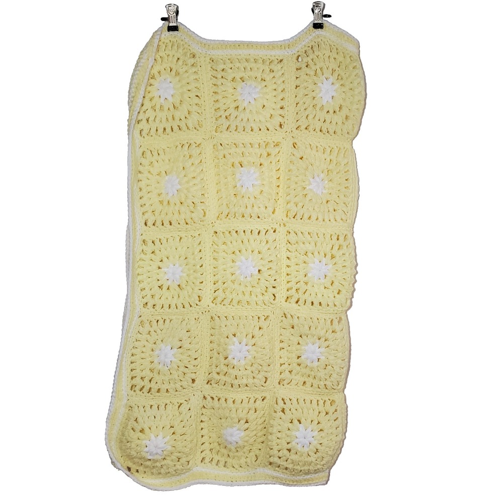 Handmade Crochet Baby Blanket Yellow White Granny Square Afghan‎ Nursery Throw